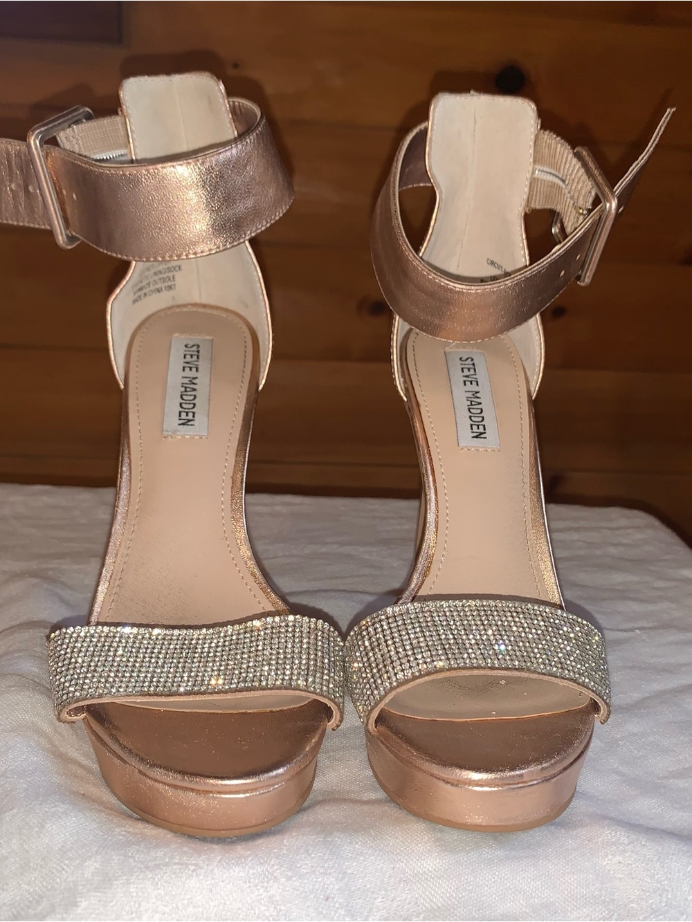 Steve Madden Rose Gold Crystal Platform Ankle Strap Heels